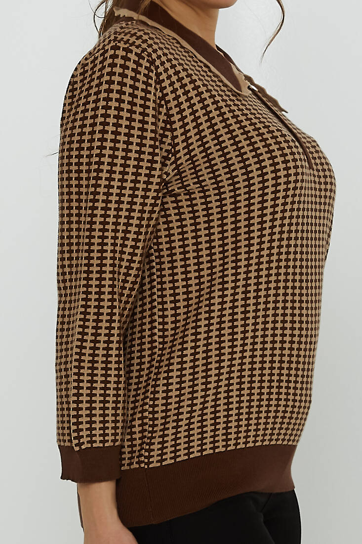 Women's Knitwear Brooch Detail Apron Collar Brown-Mink - 31570 | KAZEE