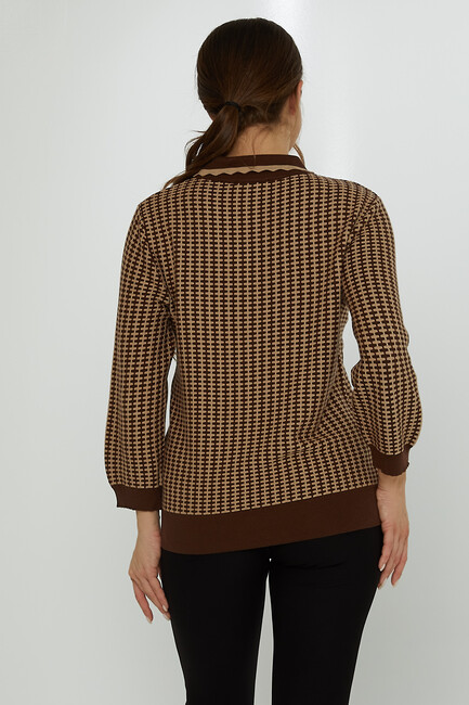 Women's Knitwear Brooch Detail Apron Collar Brown-Mink - 31570 | KAZEE - Thumbnail