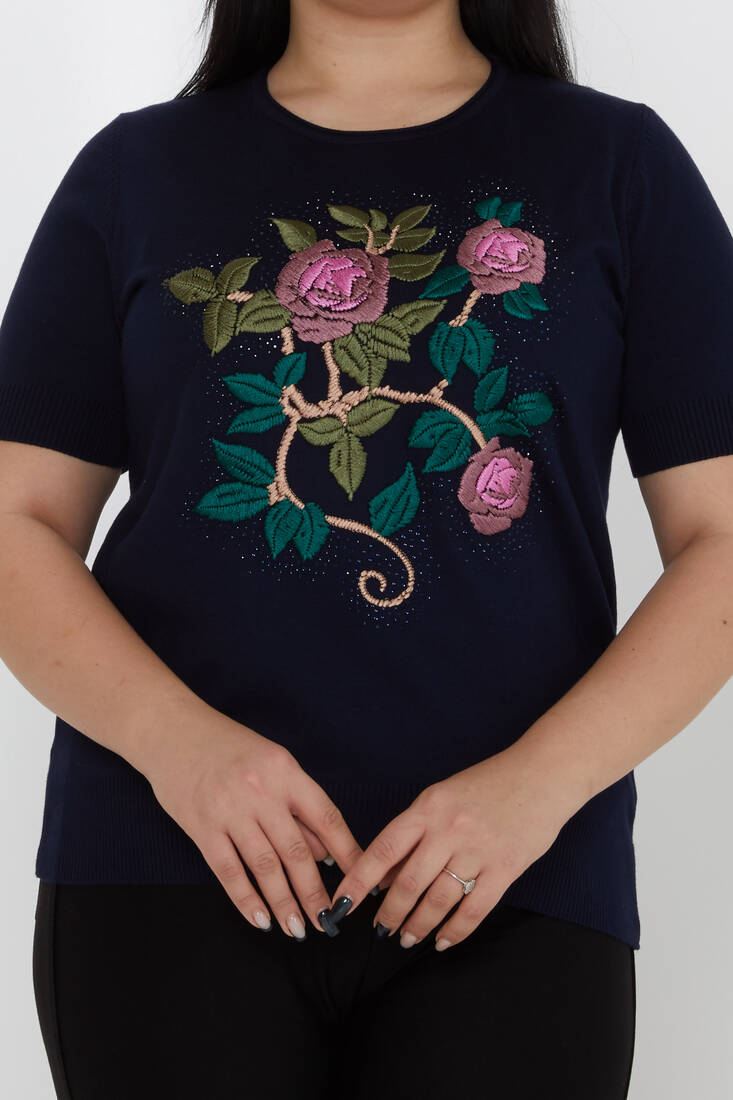 Women's Knitwear American Model Embroidered Floral Pattern Navy Blue - 30988 | KAZEE