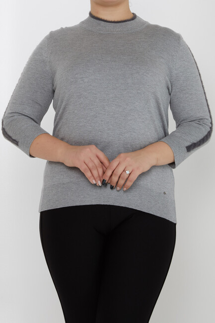 Women's Knitwear Stand Collar Feather Stripe Detail Gray - 31196 | KAZEE - Thumbnail