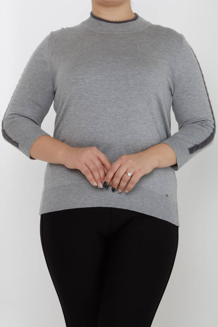 Women's Knitwear Stand Collar Feather Stripe Detail Gray - 31196 | KAZEE