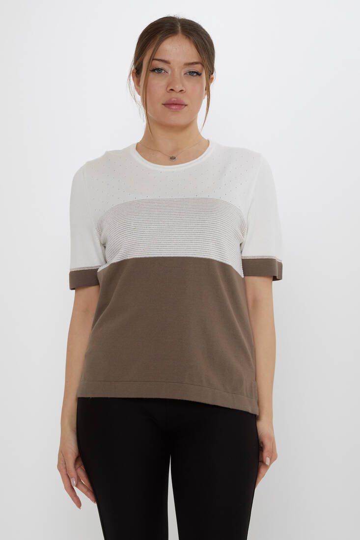 Women's Knitwear Glitter Detailed Ecru-Mink - 31863 | KAZEE