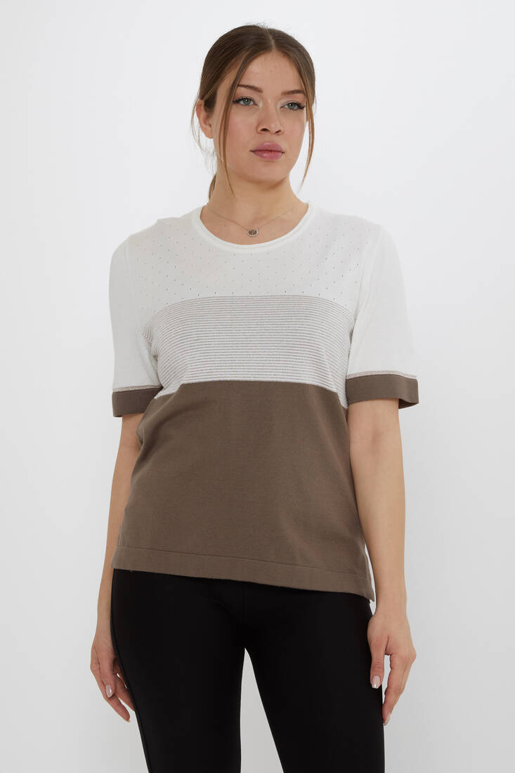Women's Knitwear Glitter Detailed Ecru-Mink - 31863 | KAZEE