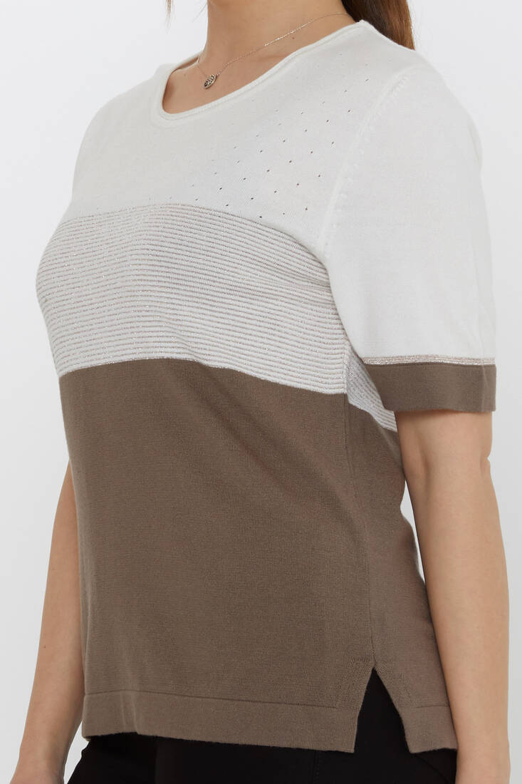Women's Knitwear Glitter Detailed Ecru-Mink - 31863 | KAZEE