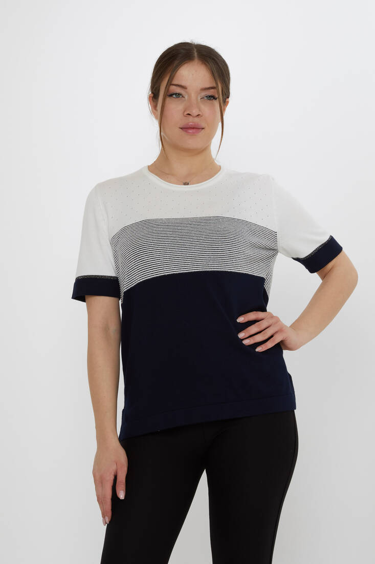 Women's Knitwear Glitter Detailed Ecru-Navy Blue - 31863 | KAZEE