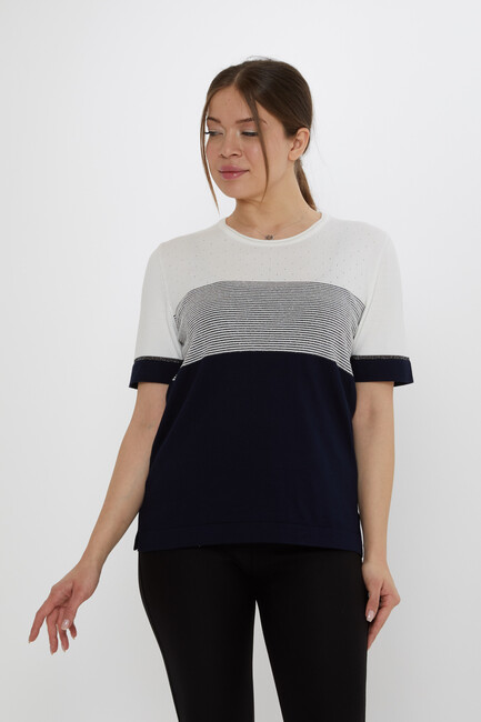 Women's Knitwear Glitter Detailed Ecru-Navy Blue - 31863 | KAZEE - Thumbnail