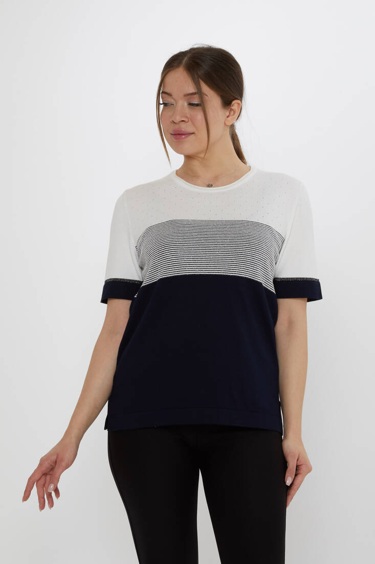 Women's Knitwear Glitter Detailed Ecru-Navy Blue - 31863 | KAZEE
