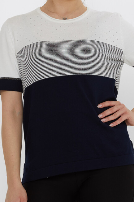 Women's Knitwear Glitter Detailed Ecru-Navy Blue - 31863 | KAZEE - Thumbnail