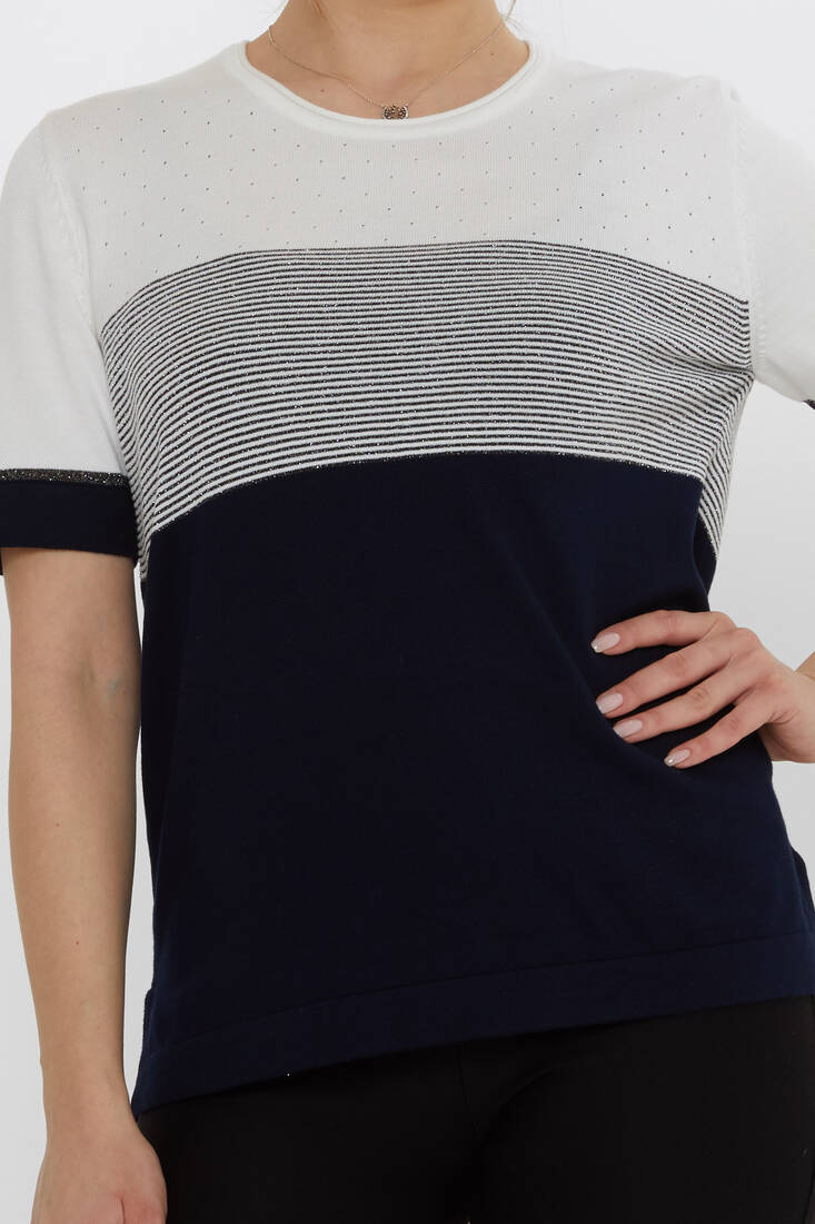 Women's Knitwear Glitter Detailed Ecru-Navy Blue - 31863 | KAZEE