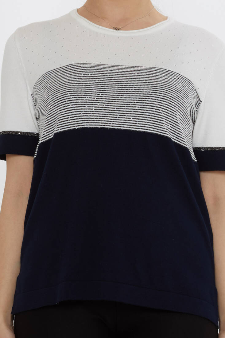 Women's Knitwear Glitter Detailed Ecru-Navy Blue - 31863 | KAZEE