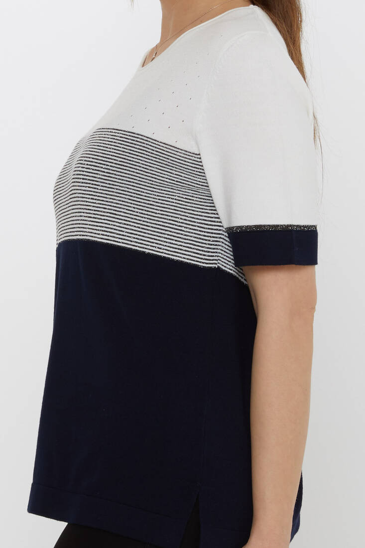 Women's Knitwear Glitter Detailed Ecru-Navy Blue - 31863 | KAZEE
