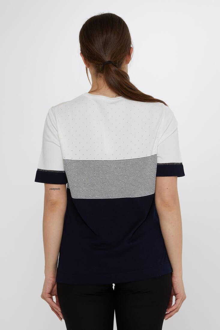 Women's Knitwear Glitter Detailed Ecru-Navy Blue - 31863 | KAZEE