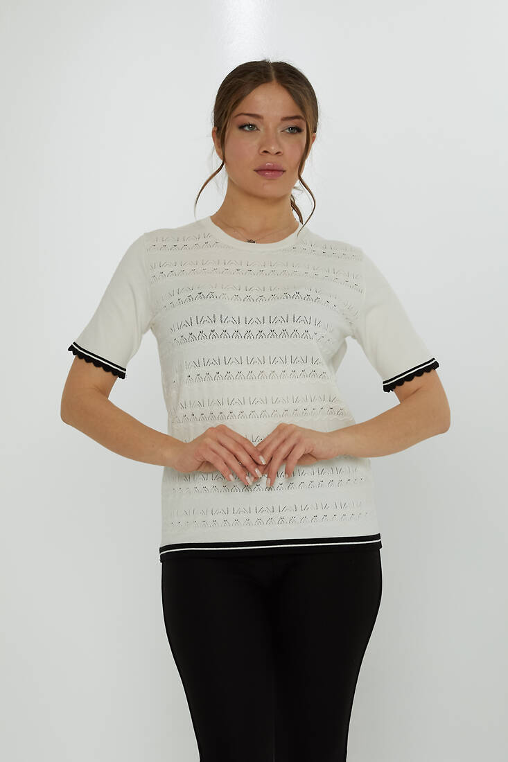 Women's Knitwear Crew Neck Hole Detailed Ecru - 31762 | KAZEE