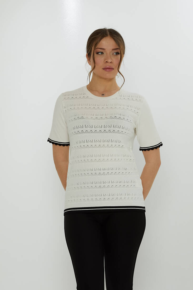 Women's Knitwear Crew Neck Hole Detailed Ecru - 31762 | KAZEE