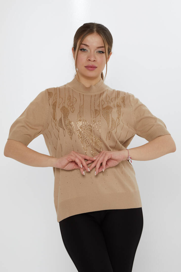 Women's Knitwear Leaf Patterned Beige - 30663 | KAZEE