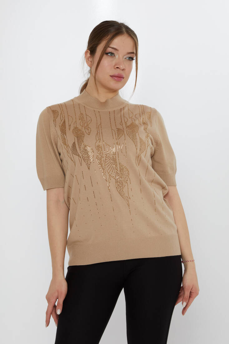 Women's Knitwear Leaf Patterned Beige - 30663 | KAZEE