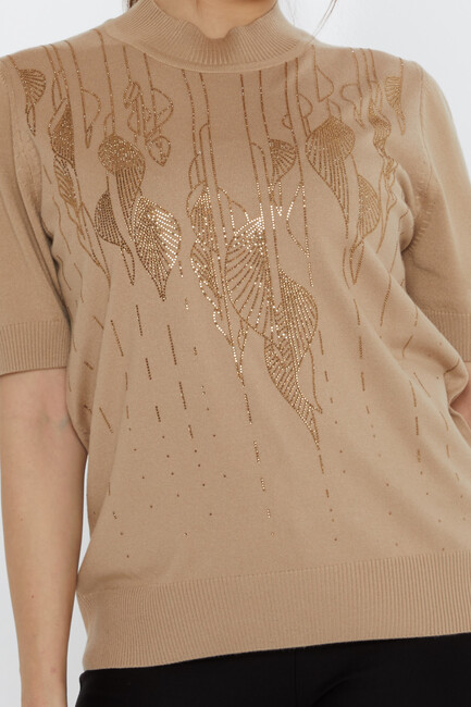 Women's Knitwear Leaf Patterned Beige - 30663 | KAZEE - Thumbnail