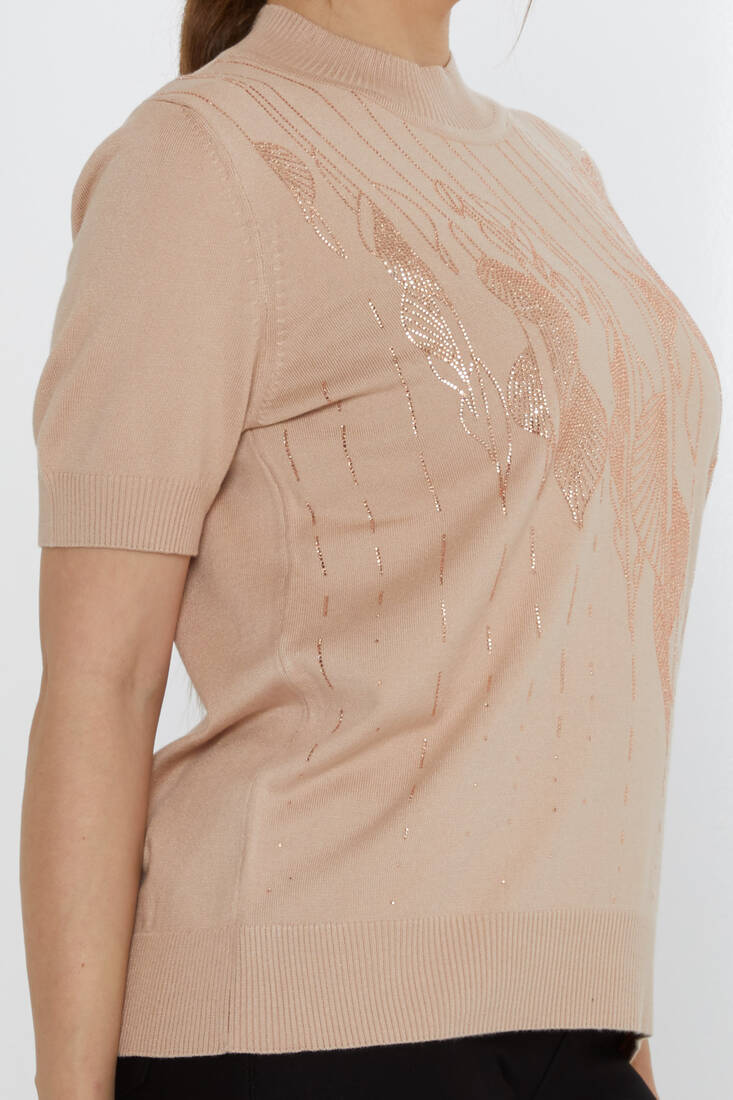 Women's Knitwear Leaf Patterned Biscuit - 30663 | KAZEE