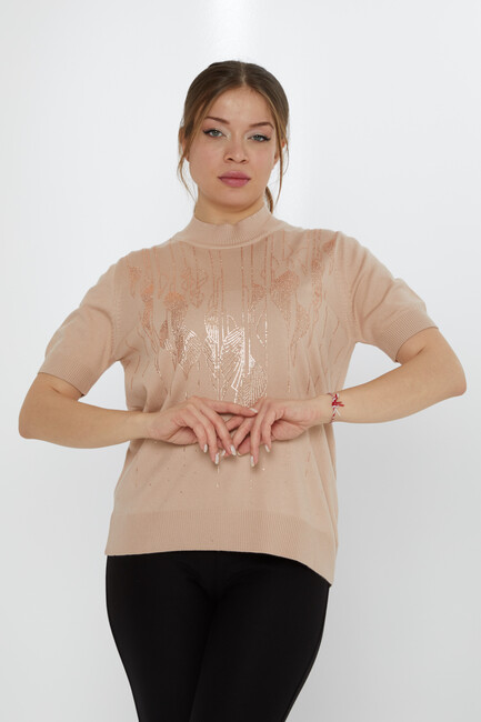 Women's Knitwear Leaf Patterned Biscuit - 30663 | KAZEE - Thumbnail