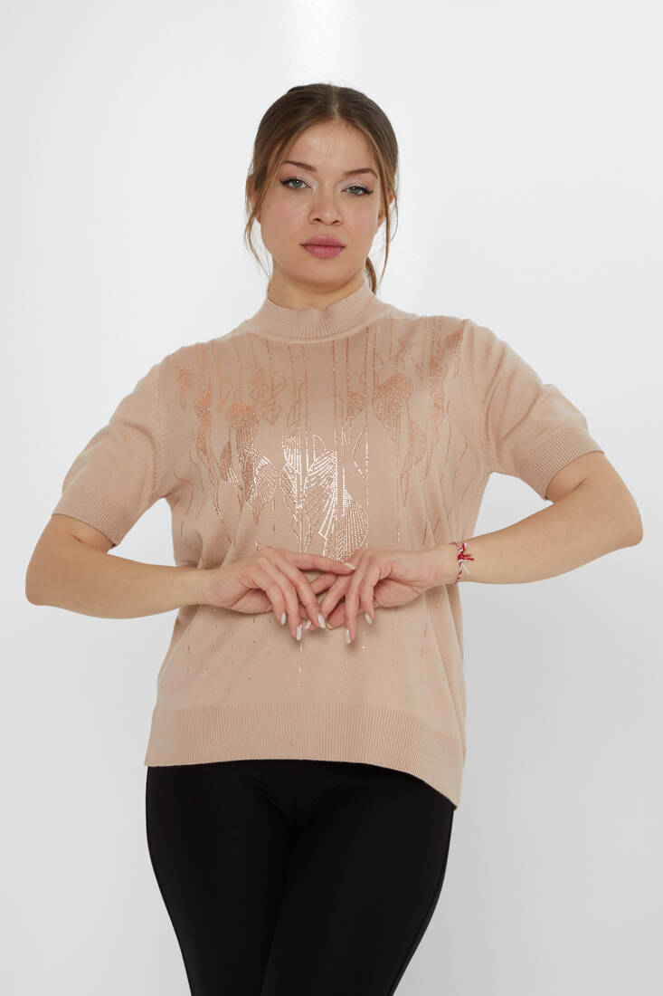 Women's Knitwear Leaf Patterned Biscuit - 30663 | KAZEE
