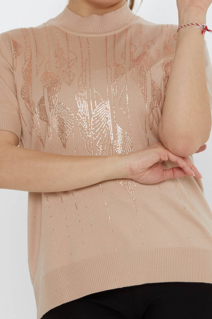 Women's Knitwear Leaf Patterned Biscuit - 30663 | KAZEE