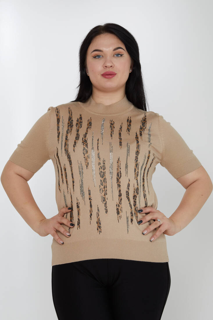 Women's Knitwear Stand Collar Leopard Stone Detailed Beige - 31565 | KAZEE