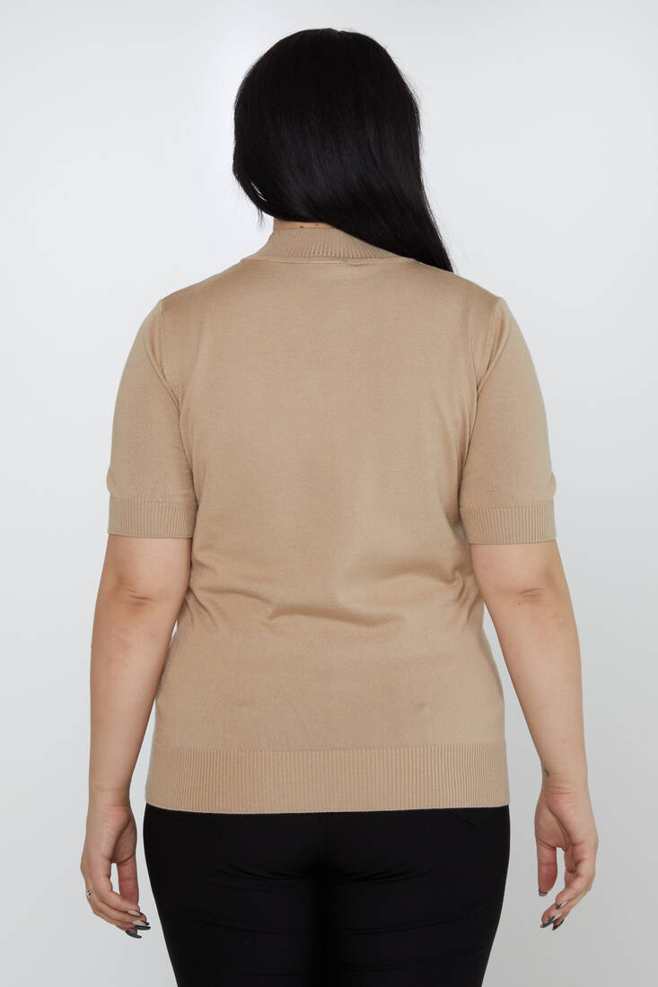 Women's Knitwear Stand Collar Leopard Stone Detailed Beige - 31565 | KAZEE
