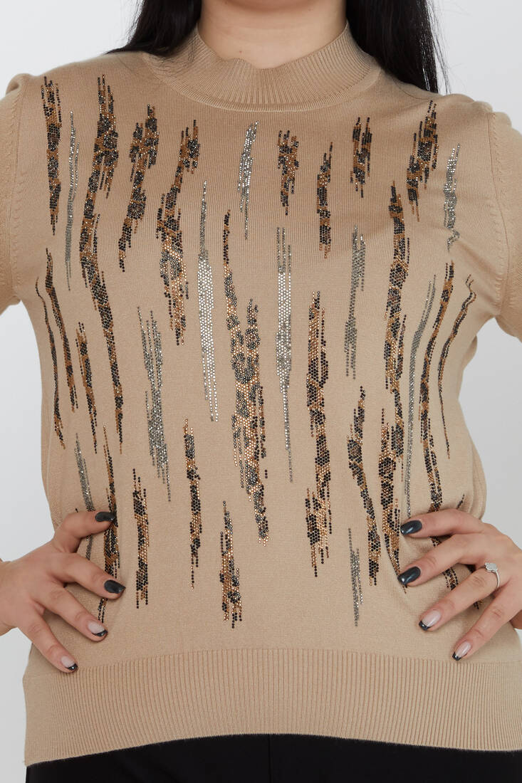 Women's Knitwear Stand Collar Leopard Stone Detailed Beige - 31565 | KAZEE