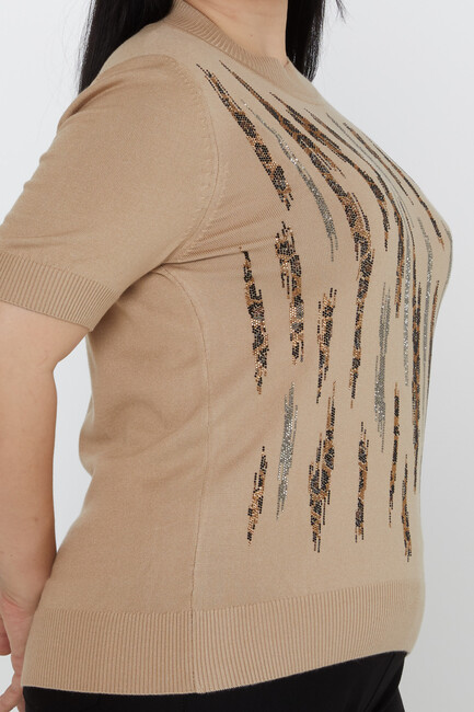 Women's Knitwear Stand Collar Leopard Stone Detailed Beige - 31565 | KAZEE - Thumbnail