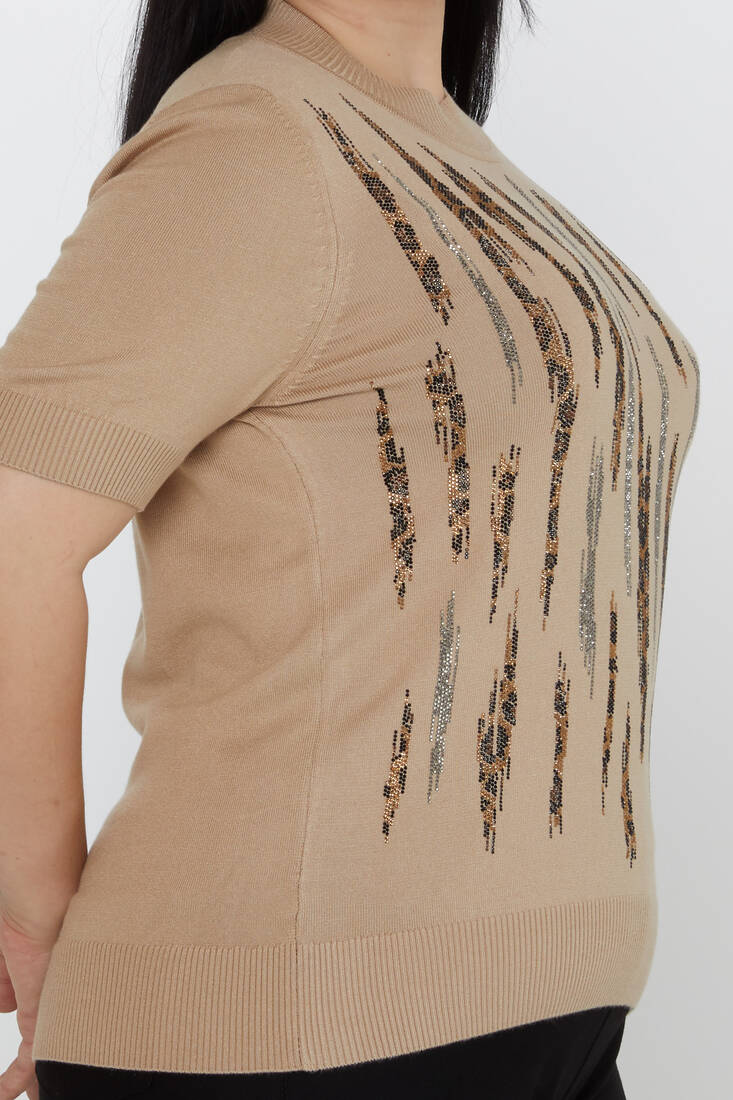 Women's Knitwear Stand Collar Leopard Stone Detailed Beige - 31565 | KAZEE