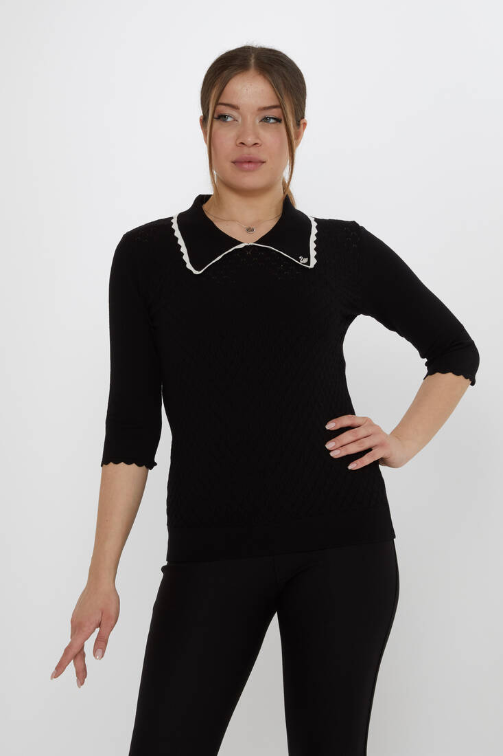 Women's Knitwear Patterned Black-Ecru - 31814 | KAZEE