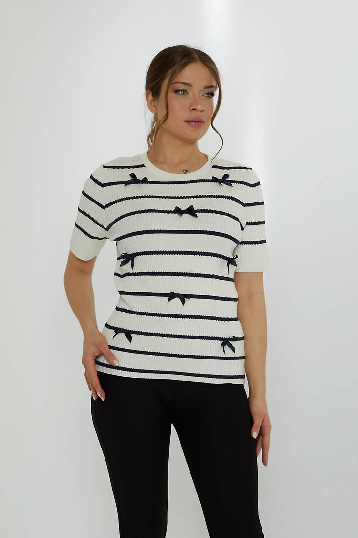 Women's Knitwear Crew Neck Ribbon Detail Ecru - 31776 | KAZEE
