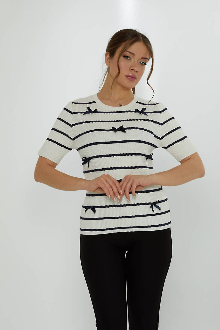 Women's Knitwear Crew Neck Ribbon Detail Ecru - 31776 | KAZEE