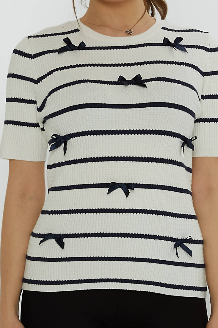 Women's Knitwear Crew Neck Ribbon Detail Ecru - 31776 | KAZEE
