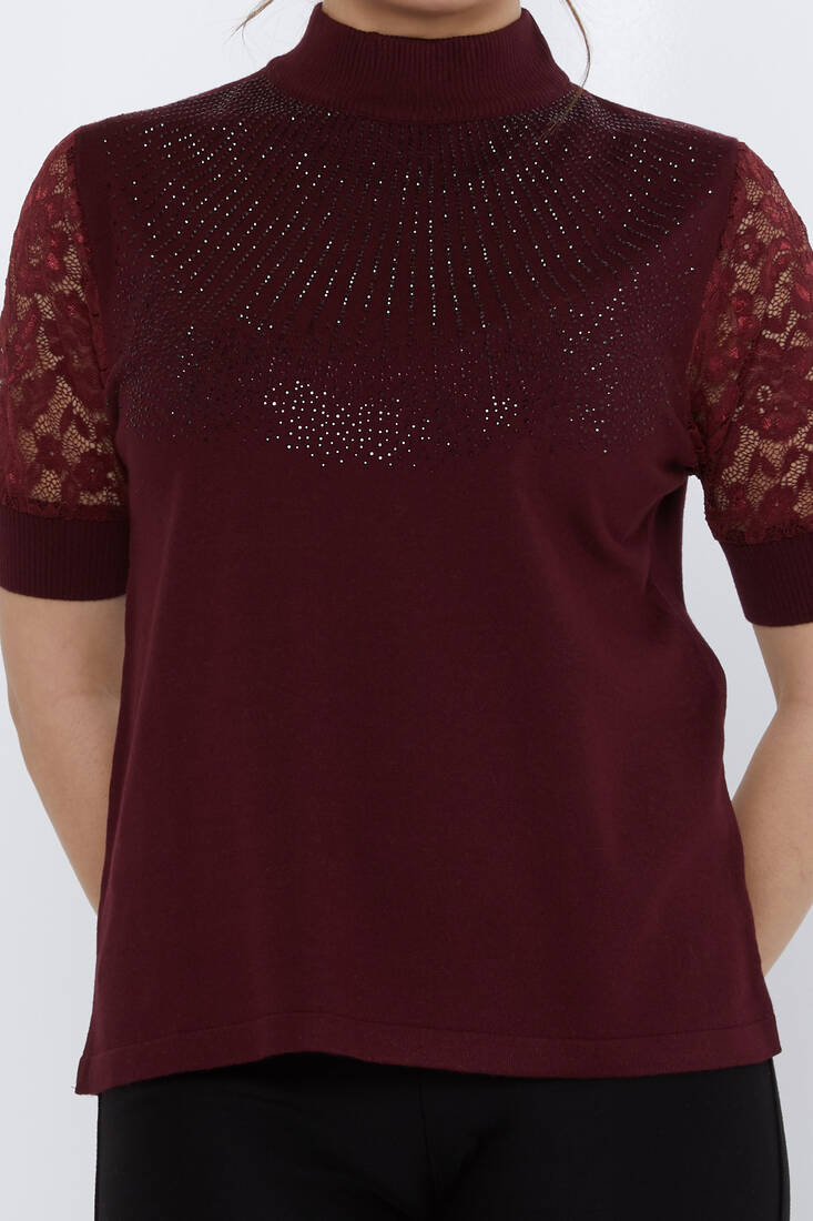 Women's Knitwear Sleeves Lace Detail Claret Red - 30959 | KAZEE