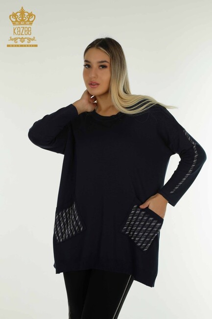 Women's Knitwear Sleeves Stone Detailed Navy Blue - 30591 | KAZEE - Thumbnail
