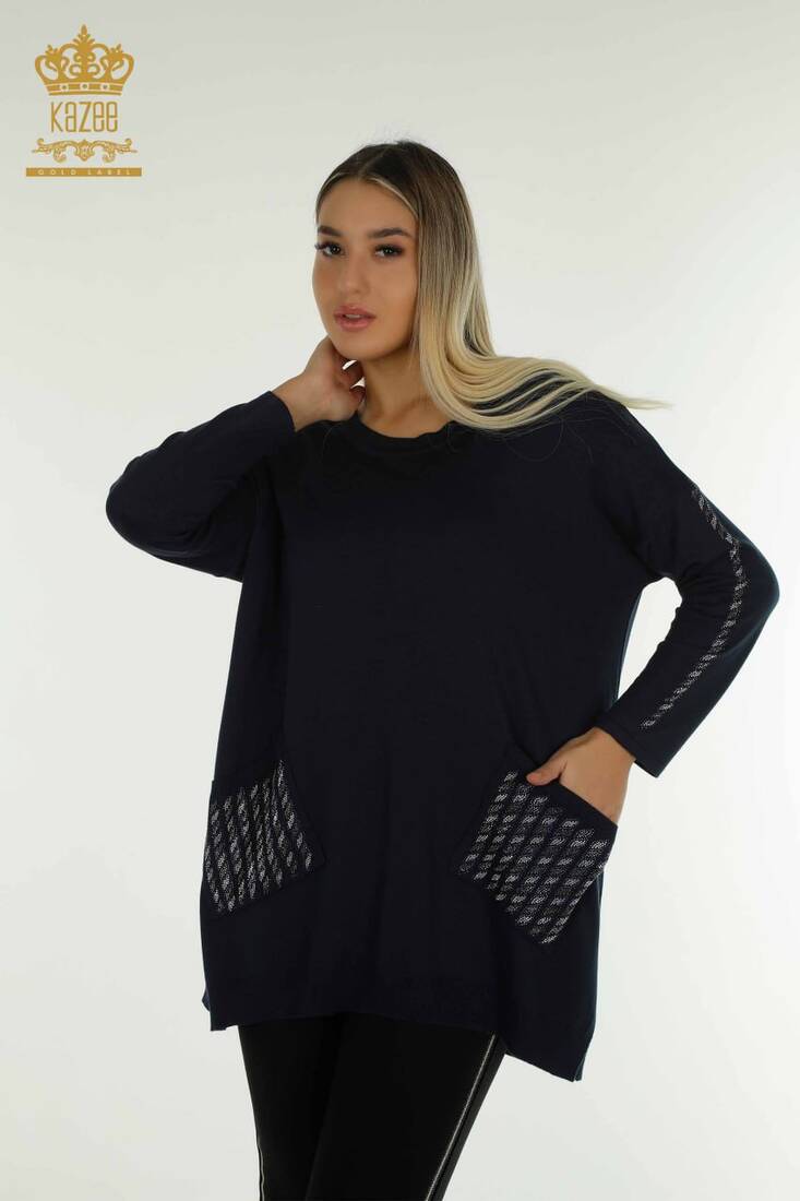 Women's Knitwear Sleeves Stone Detailed Navy Blue - 30591 | KAZEE