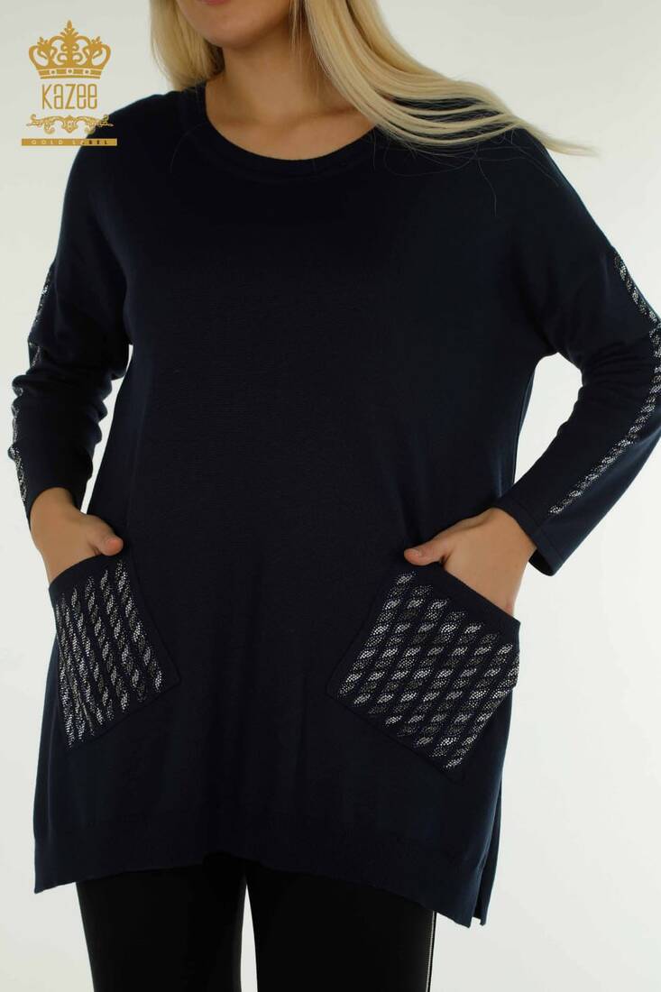 Women's Knitwear Sleeves Stone Detailed Navy Blue - 30591 | KAZEE