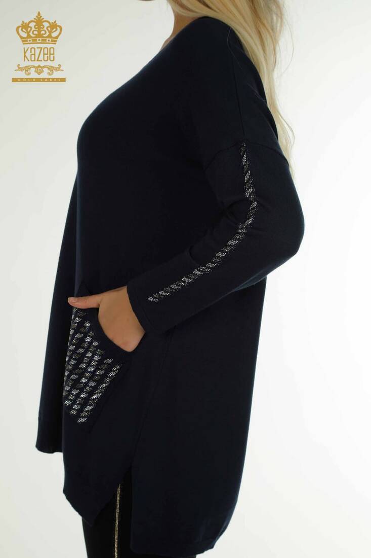Women's Knitwear Sleeves Stone Detailed Navy Blue - 30591 | KAZEE