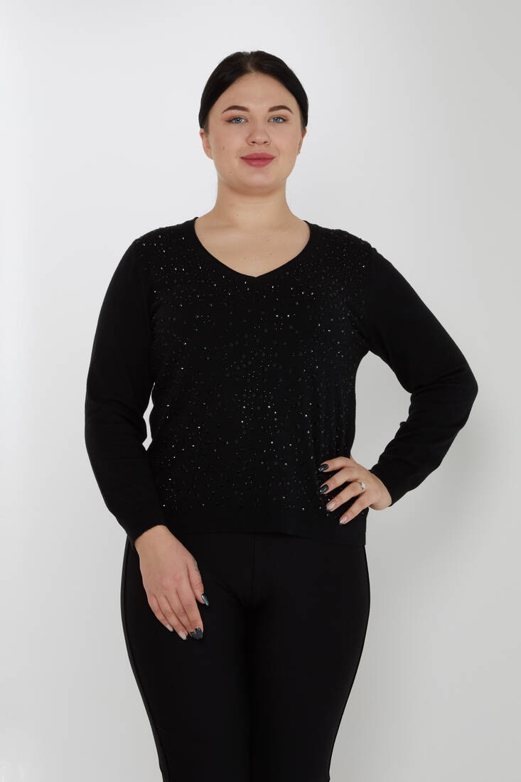 Women's Knitwear Stand Collar Feather Stripe Detail Black - 31213 | KAZEE
