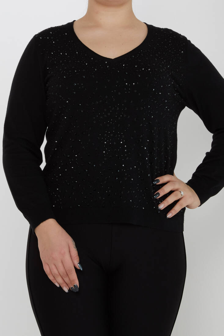 Women's Knitwear Stand Collar Feather Stripe Detail Black - 31213 | KAZEE
