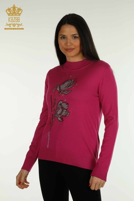 Women's Knitwear Stone Detailed Fuchsia - 30656 | KAZEE - Thumbnail
