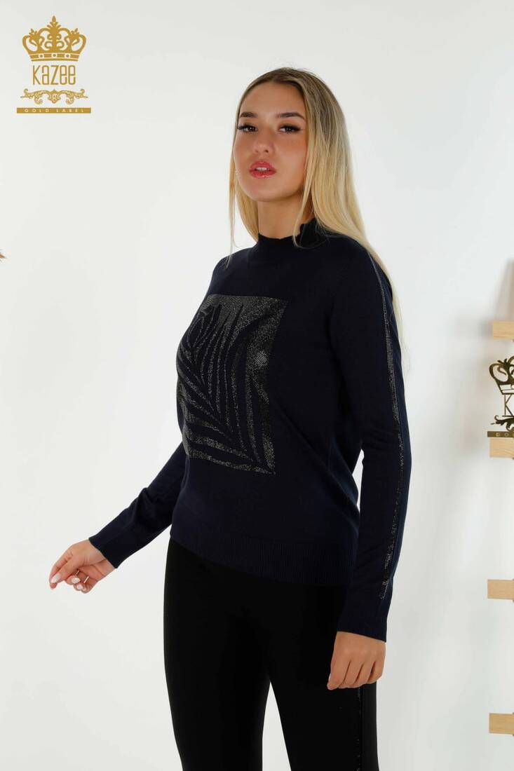 Women's Knitwear Stone Detailed Navy Blue - 30448 | KAZEE