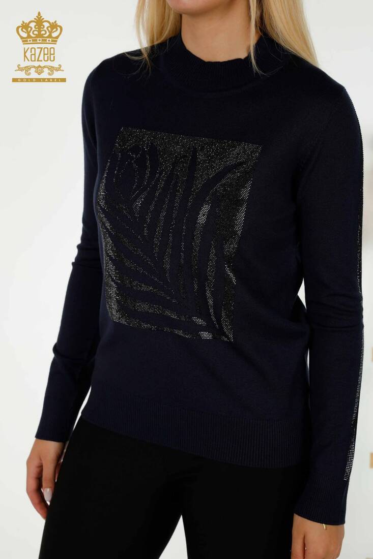 Women's Knitwear Stone Detailed Navy Blue - 30448 | KAZEE