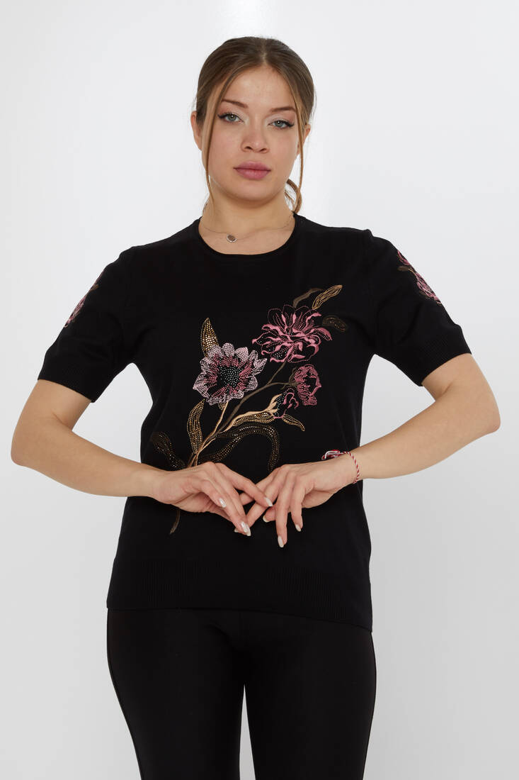 Women's Knitwear Stone Embroidered Black - 31725 | KAZEE