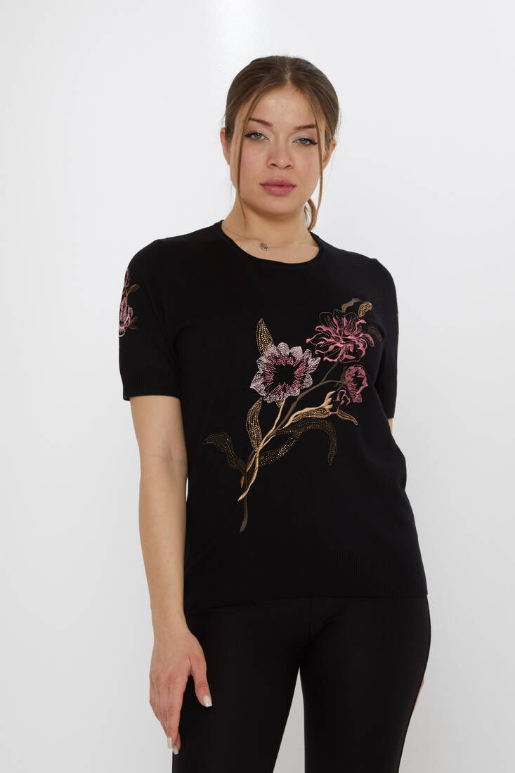 Women's Knitwear Stone Embroidered Black - 31725 | KAZEE