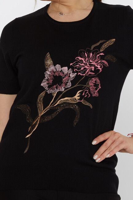 Women's Knitwear Stone Embroidered Black - 31725 | KAZEE - Thumbnail