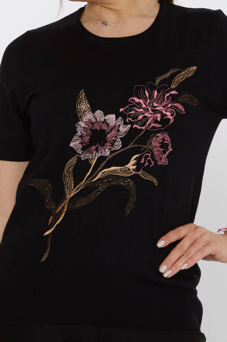 Women's Knitwear Stone Embroidered Black - 31725 | KAZEE