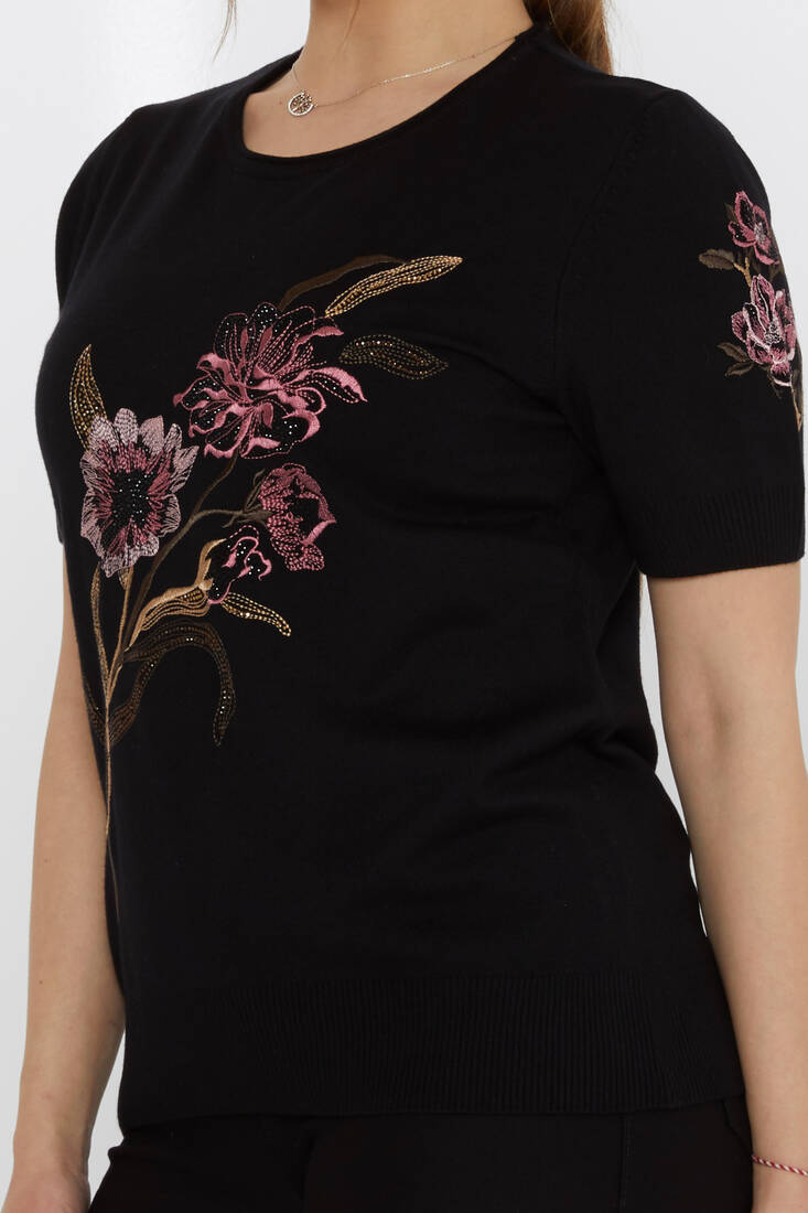 Women's Knitwear Stone Embroidered Black - 31725 | KAZEE