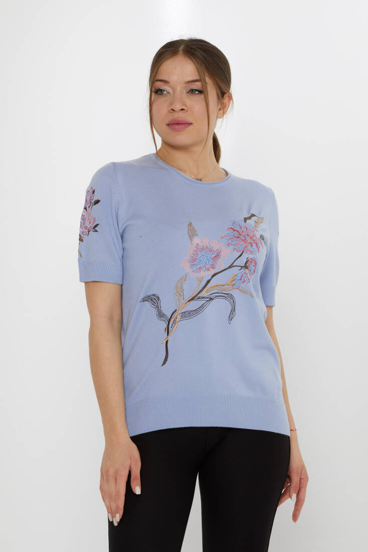 Women's Knitwear Stone Embroidered Blue - 31725 | KAZEE